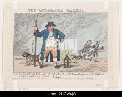 The Westminster Watchman 12. April 1784 Thomas Rowlandson. Der Westminster Watchman. Thomas Rowlandson (British, London 1757–1827 London). 12. April 1784. Handkolorierte Radierung. Ausdrucke Stockfoto