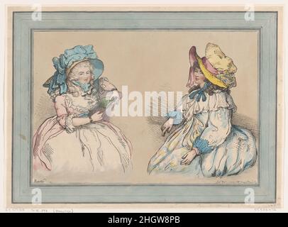 Schönheiten December 1, 1792 Thomas Rowlandson zwei modische junge Frauen sitzen einander gegenüber, eine hellhaarige, die einen Fächer hält, und tragen ein weißes Kleid mit vollem Rand, pinkem Oberhemd, Rüschen am Hals und Armreifen an beiden Handgelenken sowie einen großen Strohhut mit blauen Schleifen. Die Figur rechts hat dunkles Haar und trägt ein lockeres Kleid mit einem Floppy-Kragen, tiefen dekorativen Manschetten und einem übergroßen Hut im Mobcap-Stil. Schönheiten. Thomas Rowlandson (British, London 1757–1827 London). 1. Dezember 1792. Handkolorierte Stippelgravur und Radierung. S. W. Fores (London). Ausdrucke Stockfoto