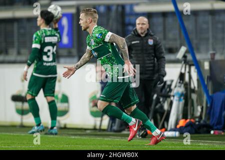 HEERENVEEN, NIEDERLANDE - 22. JANUAR: Maikel Van der Werff von PEC Zwolle während des niederländischen Eredivisie-Spiels zwischen SC Heerenveen und PEC Zwolle am 22. Januar 2022 im Abe Lenstra Stadion in Heerenveen, Niederlande (Foto: Peter Lous/Orange Picles) Stockfoto