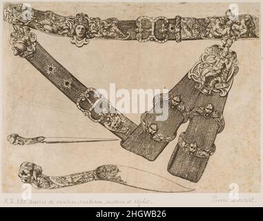 Design for a Sword-belt, Knife, and Stylus ca. 1555 Pierre Woeiriot de Bouzey II Pierre Woeiriot was trained as a goldsmith, but is renowned for his work as an engraver and printmaker. His prints feature his own original renderings of portraits, biblical scenes, religious emblems, jewelry, and rapier hilts. This engraving of a sword-belt with elaborate mounts, the latter no doubt intended to be executed in silver or gilt bronze, is among his rarest prints. Most of the sheet is devoted to a detailed depiction of an ornate sword-belt consisting of a waist belt, a diagonal strap (called the side- Stock Photo