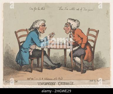 Zwei Penny Cribbage 1. Oktober 1810 Thomas Rowlandson Britische zwei Männer spielen Karten an einem Tisch. Einer sagt: 'Einer für seine Nob.' Die andere: 'Dann bin ich aus zwei Pence nicht mehr da!' Dies ist eine Neuauflage eines Druckes aus dem Jahr 1810, der erstmals 1799 veröffentlicht wurde. Zwei Penny Cribbage. Thomas Rowlandson (British, London 1757–1827 London). 1. Oktober 1810. Handkolorierte Radierung. Rudolph Ackermann, London (tätig 1794–1829). Ausdrucke Stockfoto