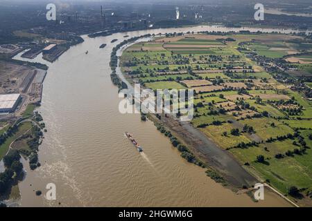 Luftaufnahme, Flutfluß Rhein am Logport VI, Fähranleger Rheinfähre Walsum, Südhafen Walsum, Containerschiffe, Qalsum, Orsoy, Rheinberg, Ruhrgebiet, Stockfoto