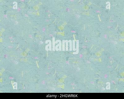 Grünes und mintblaues Kraftpapier mit vielen subtilen Blütenblättern. Nahtloser Hintergrund. Ideal für Vintage-Design, Scrapbooking oder Umschläge. Stockfoto