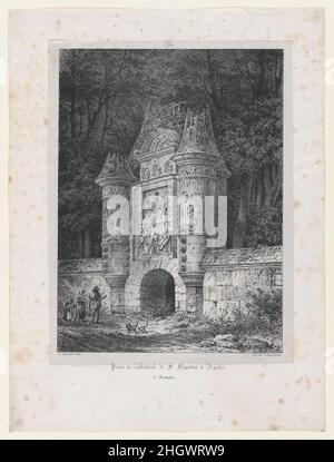 Tor zur Abtei St. Martin von Auchi in Aumale (Frankreich) 1822 Louis Marie Jean Baptiste Athlin Louis Jean Marie Atthalin war französischer Offizier in den Napoleonischen Kriegen, Ritter der Legion d'Honneur und Großkreuz und Grafiker. Dieser Druck ist Teil einer Serie von Lithographien, die in den Jahren 1820s in Zusammenarbeit mit Taylor und Nodier's 'Voyages pittoresques et romantiques dans l'ancienne France' entstanden sind. Tor zur Abtei St. Martin von Auchi in Aumale (Frankreich). Voyages pittoresques et romantiques...Normandie, II (1822-1824). Louis Marie Jean Baptiste Athlin (Französisch, 1784–1856). 1822. Stockfoto