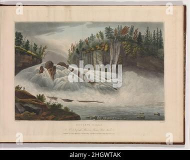 Hadley's Falls (Nr. 5 of the Hudson River Portfolio) 1821–22 Beginnen von John Rubens Smith als der Künstler William Guy Wall und der Schriftsteller John Agg diesen Ort nördlich der Glens Falls am Hudson besuchten, war der Zugang nicht einfach. Der Text, der das Bild begleitet, sagt uns, dass „ein Augenblick der Ansicht dieser Wasserfälle... als sie plötzlich auf den Anblick des Reisenden platzen... eine ausreichende Entschädigung für alle Schwierigkeiten ist, die er vielleicht erlebt hat. Statt eines ungebrochenen, senkrecht fallenden Wasserbleches scheint der gesamte Flusskörper einen Durchgang durch die abfangende Barriere der Klippe zu haben Stockfoto