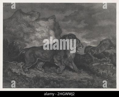 Lion and Serpent Ca. 1868 Jules Laurens Diese Lithographie ist eine Reproduktion des Aquarells von Antoine-Louis Barye, jetzt in der Walters Art Gallery, mit dem Titel 'Lion et Serpent' (Zieseniss A36), fertiggestellt um 1840. Löwe und Schlange. Jules Laurens (Französisch, Carpatras 1825–1901 Saint Didier). Ca. 1868. Lithographie. Ausdrucke Stockfoto