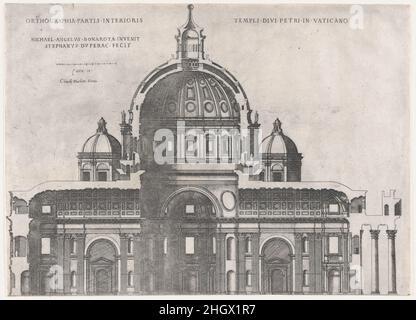 Speculum Romanae Magnificentiae: St. Peters 16th. Jahrhundert Etienne DuPérac Französisch dieser Druck stammt aus der Kopie des Museums des Speculum Romanae Magnificentiae (der Spiegel der römischen Pracht).der Speculum entstand in den Verlagsbemühungen von Antonio Salamanca und Antonio Lafreri. Während ihrer Karriere im römischen Verlag initiierten die beiden ausländischen Verlage, die zwischen 1553 und 1563 zusammenarbeiteten, die Produktion von Drucken, die Kunstwerke, Architektur und Stadtansichten aus dem antiken und modernen Rom aufzeichnen. Die Drucke konnten einzeln von Touristen und Sammlern gekauft werden, aber w Stockfoto