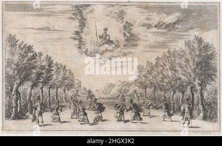 Triton-Marsch; Figuren, die kämpfen, während Minerva von oben aufschaut; Bühnenbild von 'Il Pomo D'Oro' 1668 Mathäus Küsel eines der 23 Bühnenbilder, die Lodovico Burnacini für 'Il Pomo D'Oro, Festa Teatrale Rappresentata in Wien per L'Augustissime Nozze Delle Sacre Cesaree E Reali Maestà Di Leopoldo E Margherita', eine Oper zur Feier der Hochzeit von Kaiser Leopold I. und Margarita Teresa von Spanien im Jahr 1666. Komponiert von Antonio Cesti mit einem Libretto von Francesco Sbarra, wurde es erstmals im Juli 1668 im Theater auf der Cortina aufgeführt – ebenfalls von Burnacini gestaltet. Marsh of Triton; Fi Stockfoto