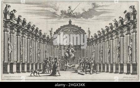 Figuren, die die Statue einer bewaffneten Figur anbeten; Bühnenbild aus 'Il Pomo D'Oro' 1668 Mathäus Küsel das siebzehnte der 23 Bühnenbilder, die Lodovico Burnacini für 'Il Pomo D'Oro, Festa Teatrale Rappresentata in Wien per L'Augustissime Nozze Delle Sacre Cesaree E Reali Maestà Di Leopoldo E Margherita' entworfen hat, Eine Oper zur Hochzeit von Kaiser Leopold I. und Margarita Teresa von Spanien im Jahr 1666. Komponiert von Antonio Cesti mit einem Libretto von Francesco Sbarra, wurde es erstmals im Juli 1668 im Theater auf der Cortina aufgeführt – ebenfalls von Burnacini gestaltet. Zahlen, die sich für Th Stockfoto