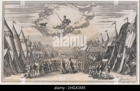 Die Anführer zweier Armeen, die sich unterhalten, ihre jeweiligen Truppen und Lager auf beiden Seiten; oben beobachtet Minerva von ihrem Wagen aus; Bühnenbild aus 'Il Pomo D'Oro' 1668 Mathäus Küsel der neunte der dreiundzwanzig Bühnenbilder, die Lodovico Burnacini für 'Il Pomo D'Oro entworfen hat, Festa Teatrale Rappresentata in Wien per L'Augustissime Nozze Delle Sacre Cesaree E Reali Maestà Di Leopoldo E Margherita', eine Oper zur Feier der Hochzeit von Kaiser Leopold I. und Margarita Teresa von Spanien im Jahr 1666. Komponiert von Antonio Cesti mit einem Libretto von Francesco Sbarra, wurde es im Juli 1668 am Th uraufgeführt Stockfoto
