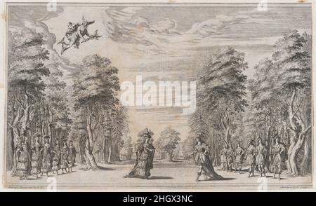 Ein Mann und eine Frau unterhalten sich in der Mitte, umgeben von einer Reihe junger Männer rechts und junger Frauen links, Merkur erscheint oben links; Bühnenbild von 'Il Pomo D'Oro' 1668 Mathäus Küsel das vierte der dreiundzwanzig Bühnenbilder, die Lodovico Burnacini für 'Il Pomo D'Oro, Festa Teatrale Rappresentata in Wien per L'Augustissime Nozze Delle Sacre Cesaree E Reali Maestà Di Leopoldo E Margherita' entworfen hat, Eine Oper zur Hochzeit von Kaiser Leopold I. und Margarita Teresa von Spanien im Jahr 1666. Komponiert von Antonio Cesti mit einem Libretto von Francesco Sbarra, wurde es uraufgeführt Stockfoto