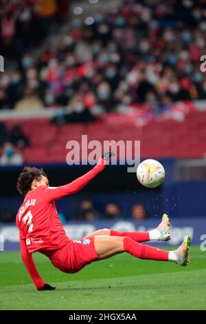 Madrid, Spanien. 22nd Januar 2022. Madrid, Spanien; 22.01.2022.- Atletico de Madrid vs Valencia siccer to La Liga Spain Match 22 im Wanda Metropolitano Stadion in Madrid. Atletico de Madrid Player Joao Felix Credit: Juan Carlos Rojas/dpa/Alamy Live News Stockfoto