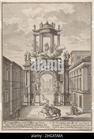 Triumphbogen, der 1699 von den ausländischen Kaufleuten Wiens zur Heirat Josephs I. errichtet wurde; aus dem Entwurf einer historischen Architektur ... nach 1699 Johann Adam Delsenbach. Triumphbogen, der 1699 von den ausländischen Kaufleuten Wiens für die Hochzeit von Joseph I. errichtet wurde; aus dem 'Entwurf einer historischen Architektur ...'. Johann Adam Delsenbach (deutsch, Nürnberg, 1687–1765). Nach 1699. Gravur Stockfoto