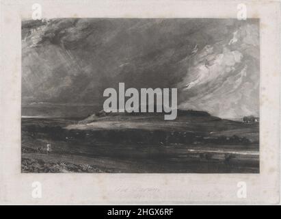 Old Sarum 1830 David Lucas British im Jahr 1827 begann Constable mit der Arbeit an dem Projekt, das seine Aufmerksamkeit bis zu seinem Tod sieben Jahre später beschäftigen würde: Die Veröffentlichung einer Serie von Drucken auf Basis seiner Gemälde, die als Zusammenfassung seiner Leistungen stehen würde. Der Maler arbeitete eng mit dem Kupferstecher David Lucas zusammen, um Drucke zu erstellen, die Constable's didaktische Absicht veranschaulichen sollten – das „Chiaroscuro der Natur“ zu veranschaulichen. Das Medium Mezzotinta, in dem das Design von dunkel zu hell mit einer breiten Palette von samtigen Tönen entwickelt wird, passte hervorragend zum Projekt. Old Sarum. Da Stockfoto