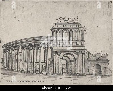 Transitorium Caesaris [ehemals Teatrum Bordeos], aus einer Serie von 24 mit (rekonstruierten) Gebäuden aus der römischen Antike Platte ca. 1530–50 Anonym, italienisch, perspektivische Ansicht eines Gebäudes aus dem 16th. Jahrhundert, das hier als ‘Transitorium Caesaris’ bezeichnet wird, aber in einem früheren Staat korrekt als ‘Teatrum Bordeos’ beschrieben wird. Die Darstellung zeigt das Gebäude in einem ruinierten Zustand und fokussiert auf das Eingangstor und die linke Seite der Arkade des Amphitheaters. Die Architektur ähnelt nicht sehr den Ruinen des Gebäudes in Bordeaux, und diese Darstellung, wahrscheinlich als Ekphrasis konzipiert, kann Stockfoto