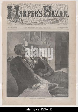 Another Year by the Old Clock (aus 'Harper's Bazar', Vol. III) 1. Januar 1870 nach Winslow Homer American. Another Year by the Old Clock (aus „Harper's Bazar“, Vol. III). Nach Winslow Homer (Amerikaner, Boston, Massachusetts 1836–1910 Prouts Neck, Maine). 1. Januar 1870. Holzstich. Harper & Brothers (Amerikanisch, New York). Ausdrucke Stockfoto