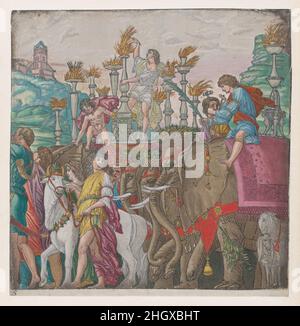 Blatt 5: Elefanten, aus dem Triumph Julius Caesars 1599 Andrea Andreani Italienisch. Blatt 5: Elefanten, aus dem Triumph Julius Cäsars. Andrea Andreani (Italienisch, Mantua 1558/1559–1629). 1599. Handkolorierter Holzschnitt. Ausdrucke Stockfoto