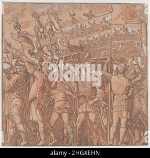 Blatt 1: Römische Soldaten mit Transparenten, die die triumphalen Siege von Julius Caesar darstellen, aus dem Triumph von Julius Caesar 1599 Andrea Andreani Italienisch Siehe Kommentar für 2017,449. Blatt 1: Römische Soldaten mit Transparenten, die die triumphalen Siege Julius Caesars aus dem Triumph Julius Caesars darstellen. Andrea Andreani (Italienisch, Mantua 1558/1559–1629). 1599. Chiaroscuro-Holzschnitt aus vier rosafarbenen Blöcken. Ausdrucke Stockfoto