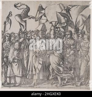 Abschnitt C: Weibliche Märtyrer und Heilige mit Transparenten, aus dem Triumph Christi 1836 Andrea Andreani Italienisch. Abschnitt C: Weibliche Märtyrer und Heilige mit Transparenten, vom Triumph Christi. Andrea Andreani (Italienisch, Mantua 1558/1559–1629). 1836. Lithographische Kopie eines Holzschnitts. Callisto Ferranti (Italienisch, aktiv Rom, 1626–47). Ausdrucke Stockfoto