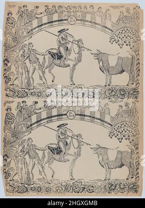 Suerte II: Picador zu Pferd, der dabei ist, einen Stier mit einem Pique zu erstechen; zwei Toreros hinter ihm links (zwei Eindrücke auf dem gleichen Blatt) ca. 1850–80 Anonym, Spanisch, 19th. Jahrhundert, kopiert nach einem Druck aus Carniceros Radierungsserie 'Colección de las principales suertes de una corrida de Toros' (Sammlung der Hauptaktionen eines Stierkampfes), veröffentlicht 1787–90. Suerte II: Picador zu Pferd, der dabei ist, einen Stier mit einem Pique zu erstechen; zwei Toreros hinter ihm links (zwei Eindrücke auf dem gleichen Blatt). Anonym, spanisch, 19th Jahrhundert. Ca. 1850–80. Holzschnitt. Ausdrucke Stockfoto