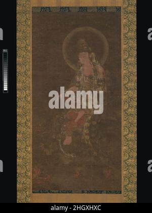 Wasser-Mond Avalokiteshvara 14th Jahrhundert nicht identifizierter Künstler Die Wasser-Mond Avalokiteshvara (Koreanisch: Suwol gwaneum) war Eine beliebte Gottheit in der Goryeo-Zeit und half dabei, Katastrophen und Krankheiten zu verhindern und Reisende zu schützen. Diese Schriftrolle zeigt den strahlend getuschelten Bodhisattva in Dreiviertelansicht, der auf Felsen entlang des mit Korallen übersäten Meeres sitzt. Zu den Füßen des Bodhisattvas steht der Junge Pilger Sudhana (Koreanisch: Seonjae dongja); die Beschreibung seiner Begegnung mit der Gottheit in der Blumengirlande (Avatamsaka) Sutra liefert die Textquelle für die painting.Commissioned von Mitgliedern der königlichen und der ar Stockfoto