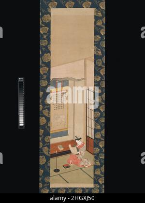 Kurtisane beim Lesen eines Briefes Mitte des 18th. Jahrhunderts Ishikawa Toyonobu die sitzenden Frauen in eleganten roten, mit Krawatten gefärbten Roben mit einem weißen Übermantel, der mit angehenden Weiden verziert ist, haben ihre obi-Schärpe vor sich gebunden und identifizieren sie als Kurtisane der Vergnügungsviertel. Sie hält zwei Blätter Papier einer Vielzahl, die für Briefe, Gedichte und Zeichnungen verwendet werden können. Vor ihr ist eine Lackkiste mit Schreibgeräten und einer brennenden Kerze angetan, die auf eine nächtliche Kulisse hinweist. Das mythische Tier, das hakutaku (chinesisch: Baize) genannt wird und auf dem Gemälde in der Nische mit dem Titel „Toyonobu“ abgebildet ist, stammt aus der chinesischen Legende. Stockfoto