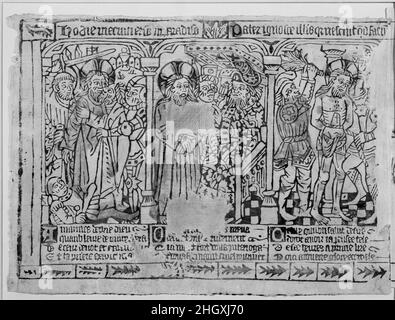 Drei Fragmente eines Passionsfrieses: Der Kuss von Judas, Christus vor Pilatus und die Geißelung; die Kreuzigung und die Kreuzigung vom Kreuz; die Entgrabung und die Auferstehung wahrscheinlich 1460–69 Anonym, Französisch, Amiens, 15th Jahrhundert Französisch. Drei Fragmente eines Passionsfrieses: Der Kuss von Judas, Christus vor Pilatus und die Geißelung; die Kreuzigung und die Kreuzigung vom Kreuz; die Entgrabung und die Auferstehung. Anonym, französisch, Amiens, 15th Jahrhundert. Wahrscheinlich 1460–69. Handkolorierter Holzschnitt. Ausdrucke Stockfoto