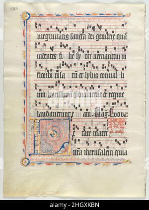 Manuskriptblatt mit Initiale L, aus einem Antiphonar aus dem zweiten Viertel des 15th. Jahrhunderts. Manuskriptblatt mit Initiale L, aus einem Antiphonar. Deutsch. Zweites Viertel 15th Jahrhundert. Tempera, Tinte und Metallblatt auf Pergament. Hergestellt wahrscheinlich in Mainz, Deutschland. Manuskripte und Illuminationen Stockfoto