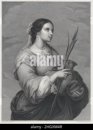 Justa, dreiviertel lang, nach rechts gedreht, mit zwei Töpfen und einer Handfläche 1840–1860 Auguste Blanchard père. St Justa, dreiviertel lang, drehte sich nach rechts und hielt zwei Töpfe und eine Handfläche. Auguste Blanchard père (Französisch, Paris ca. 1766–1841 Paris). 1840–1860. Gravur. Ausdrucke Stockfoto