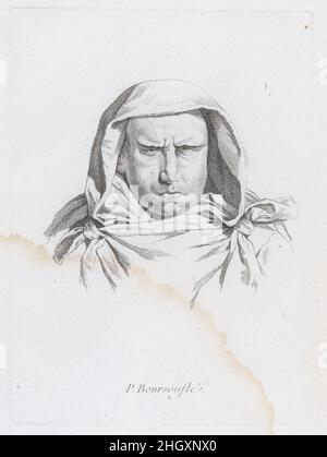 Porträt von P. Boursoufle zweite Hälfte des 18th. Jahrhunderts nach Guillaume Thiemet dieser Druck ist in einem Album gebunden, das aus sechzehn frühen Eindrücken und einem späteren Eindruck von La Live de Jully's 'Recueil de Karikaturen' besteht, geätzt ca. 1754 nach Zeichnungen von Jacques François Joseph Saly, acht Karikaturen nach Thiemet geätzt, und zwei anonyme Drucke eines stehenden Mannes und einer stehenden Frau. Porträt von P. Boursoufle. Nach Guillaume Thiemet (französisch, aktiv ca. 1781/88). Zweite Hälfte des 18th. Jahrhunderts. Ätzen Stockfoto