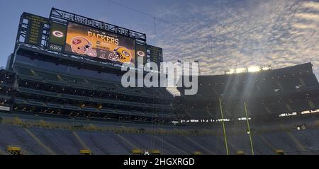 Green Bay, Usa. 22nd Januar 2022. Lambeau Field wartet darauf, am Samstag, den 22. Januar 2022, die Green Bay Packers und die San Francisco 49ers im NFC Divisional Playoff-Spiel in Green Bay, Wisconsin, zu beherbergen. Foto von Aaron Josefczyk/UPI Credit: UPI/Alamy Live News Stockfoto