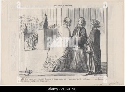 Et dire qu'on nous interdit d'entrer..., aus Les Boursicotières, veröffentlicht in Le Charivari, 2. Oktober 1856 2. Oktober 1856 Honoré Daumier Französisch. Et dire qu'on nous interdit d'entrer..., aus Les Boursicotières, veröffentlicht in Le Charivari, 2. Oktober 1856. Les Boursicotières. Honoré Daumier (Französisch, Marseille 1808–1879 Valmondois). 2. Oktober 1856. Lithographie; zweiter Zustand von zwei (Delteil). Aaron Martinet (Französisch, 1762–1841). Ausdrucke Stockfoto