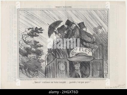Quinze centimes un bain complet..., aus Croquis Parisiens, veröffentlicht in Le Charivari, 30. August 1856 30. August 1856 Honoré Daumier Französisch. Quinze centimes un bain complet..., aus Croquis Parisiens, veröffentlicht in Le Charivari, 30. August 1856. Croquis Parisiens. Honoré Daumier (Französisch, Marseille 1808–1879 Valmondois). 30. August 1856. Lithographie; zweiter Zustand von zwei (Delteil). Aaron Martinet (Französisch, 1762–1841). Ausdrucke Stockfoto