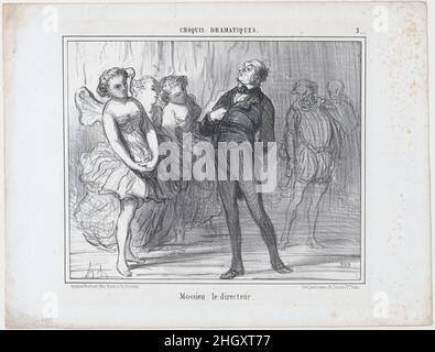 Mossieu le directeur, aus Croquis Dramatiques, veröffentlicht in Le Charivari, 11. Dezember 1856 11. Dezember 1856 Honoré Daumier Französisch. Mossieu le directeur, aus Croquis Dramatiques, veröffentlicht in Le Charivari, 11. Dezember 1856. Croquis Dramatiques. Honoré Daumier (Französisch, Marseille 1808–1879 Valmondois). 11. Dezember 1856. Lithographie; zweiter Zustand von zwei (Delteil). Aaron Martinet (Französisch, 1762–1841). Ausdrucke Stockfoto