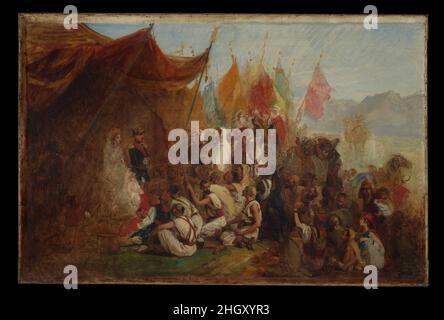 Skizze für 'Empfang von Kaiser Napoleon III. Und Kaiserin Eugénie durch die Kabyle-Führer in Algier am 18. September 1860' ca. 1862–67 Isidore Pils, Einer der bedeutendsten Maler militärischer Untertanen, fertigte diese kompositorische Skizze in Verbindung mit einem fast 50 Meter langen Gemälde an, das an einen Besuch Napoleons III. In Algerien im Jahr 1860 erinnert, der 1830 von Frankreich erobert worden war. Die große Leinwand wurde für Versailles in Auftrag gegeben, aber ihr Schicksal ist unbekannt; sie könnte 1871, während des Aufstandes, der als Pariser Kommune bekannt ist, zerstört worden sein. Skizze für 'Empfang von Kaiser Napoleon III. Und Stockfoto