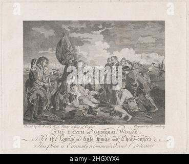 Der Tod von General Wolfe (13. September 1759) nach 1776 P. Somebody British Diese nicht autorisierte Kopie von West's 'Death of Wolfe' wurde durch den Erfolg von William Woolletts großem, teurem Stich inspiriert, der im Januar 1776 veröffentlicht wurde - das Originalgemälde wurde 1771 ausgestellt und revolutionierte, wie Maler bedeutende zeitgenössische Ereignisse darstellten. Der anonyme Graveur hier signiert sich 'P. Jemand“ und signalisiert die niedrigen Kosten des Drucks, indem er es „Liebhabern kleiner Dinge und Billig-Käufern“ widmet. Der Tod von General Wolfe (13. September 1759). P. Somebody (britisch, 18th. Jahrhundert). Nach 1776. Stockfoto