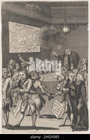 The Council of Herrschers & the Elders Against the Tribe of Ye Americanites 1. Januar 1775 Anonym, britisch, 18th. Jahrhundert britisch. Der Rat der Herrscher und die Ältesten gegen den Stamm der Ye Americanites. Anonym, britisch, 18th Jahrhundert. 1. Januar 1775. Gravur. Ausdrucke Stockfoto