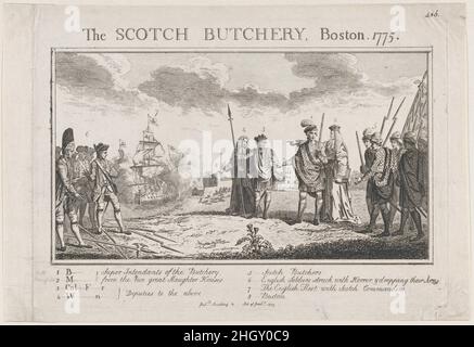 The Scotch Butchery, Boston, 1775 1775 Anonymous, British, 18th century British. The Scotch Butchery, Boston, 1775. Anonymous, British, 18th century. 1775. Etching and engraving. Prints Stock Photo