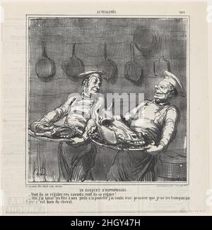 Ein Pferdeneat-Bankett aus der "News of the day", veröffentlicht in Le Charivari, 29. März 1865 29. März 1865 Honoré Daumier - wie sie glücklich sein werden, diese Wissenschaftler, werden sie glücklich sein! - Ich habe vor allem die Hufeisen mit deutscher Sauce auf den Hufen gelassen, um ihnen zu zeigen, dass wir sie nicht betrügen, und dass sie wirklich ein Pferd bekommen, sonst nichts. Ein Pferdefleischbankett aus den „Nachrichten des Tages“, veröffentlicht in Le Charivari, 29. März 1865. „Nachrichten des Tages“ (Actualités). Honoré Daumier (Französisch, Marseille 1808–1879 Valmondois). 29. März 1865. Lithographie auf Zeitungspapier; zweiter Zustand von zwei (Delte Stockfoto