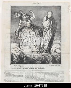 Die bärtige Dame: Unvorsichtige Frau! Ihr wagt es, auf meinem Territorium zu jagen! Tragödie: Was! Habe ich nicht auch einen Bart?, aus 'News of the day', veröffentlicht in Le Charivari, 16. Februar 1867 16. Februar 1867 Honoré Daumier der Schauspieler: - Er war deine Geliebte Madame! (bravo! bravo!) Und ich habe ihn getötet! (bravo! bravo!). Seid bereit zu sterben! (bravo! bravo!) Und ich werde mich auf deinen beiden Leichen umbringen! Ein Straßenurchin: - um Himmels willen, NEIN, wer würde zur Beerdigung kommen?. Die bärtige Dame: Unvorsichtige Frau! Ihr wagt es, auf meinem Territorium zu jagen! Tragödie: Was! Habe ich nicht auch einen Bart?, aus „News of Th Stockfoto