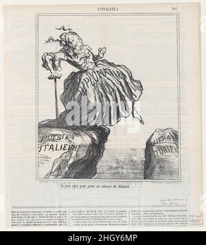 Ein bisschen zu alt, um 'Koloss von Rhodos' aus 'News of the day' zu spielen, veröffentlicht in Le Charivari, 10. Dezember 1867 10. Dezember 1867 Honoré Daumier. Etwas zu alt, um „Koloss von Rhodos“ aus „News of the Day“ zu spielen, veröffentlicht in Le Charivari, 10. Dezember 1867. „Nachrichten des Tages“ (Actualités). Honoré Daumier (Französisch, Marseille 1808–1879 Valmondois). 10. Dezember 1867. Lithographie auf Zeitungspapier; zweiter Zustand von zwei (Delteil). Arnaud de Vresse. Ausdrucke Stockfoto