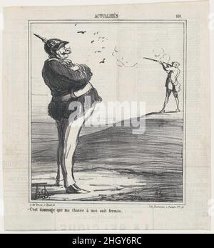 Schade, dass ich nicht auf die Jagd gehen darf, aus der "News of the day", veröffentlicht in Le Charivari, 7. September 1867 7. September 1867 Honoré Daumier. Es ist schade, dass ich nicht auf die Jagd gehen darf, wie aus den „Nachrichten des Tages“, die in Le Charivari, 7. September 1867, veröffentlicht wurden, zu sehen ist. „Nachrichten des Tages“ (Actualités). Honoré Daumier (Französisch, Marseille 1808–1879 Valmondois). 7. September 1867. Lithographie auf Zeitungspapier; zweiter Zustand von zwei (Delteil). Arnaud de Vresse. Ausdrucke Stockfoto