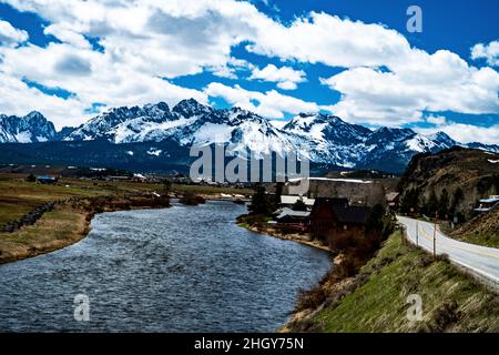 Blick auf die Sawtooths von Lower Stanley Stockfoto