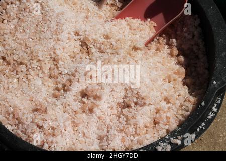 Heilendes Salz vom Ufer des Sivash-Sees in einer Plastikschale. Nahaufnahme. Sonniger Tag. Stockfoto