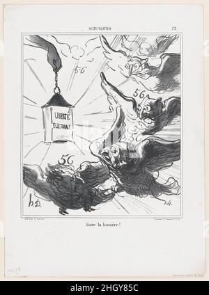 Achten Sie auf das Licht!, aus den "Nachrichten des Tages", veröffentlicht in Le Charivari, 5. April 1870 5. April 1870 Honoré Daumier. Achten Sie auf das Licht!, aus den „Nachrichten des Tages“, veröffentlicht in Le Charivari, 5. April 1870. „Nachrichten des Tages“ (Actualités). Honoré Daumier (Französisch, Marseille 1808–1879 Valmondois). 5. April 1870. Lithographie auf webtem Papier; zweiter Zustand von zwei (Delteil). Arnaud de Vresse. Ausdrucke Stockfoto