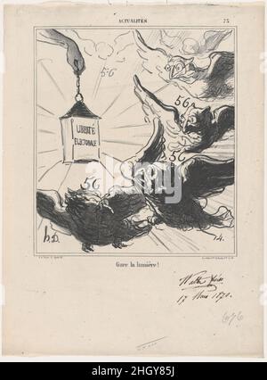 Achten Sie auf das Licht!, aus den "Nachrichten des Tages", veröffentlicht in Le Charivari, 5. April 1870 5. April 1870 Honoré Daumier. Achten Sie auf das Licht!, aus den „Nachrichten des Tages“, veröffentlicht in Le Charivari, 5. April 1870. „Nachrichten des Tages“ (Actualités). Honoré Daumier (Französisch, Marseille 1808–1879 Valmondois). 5. April 1870. Lithographie und Feder und braune Tinte auf Zeitungspapier; zweiter Zustand von zwei, Proof (Delteil). Arnaud de Vresse. Ausdrucke Stockfoto