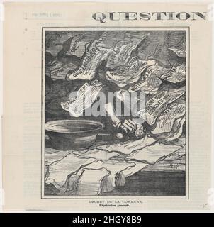 Dekret der Gemeinde: Allgemeine Liquidation, aus 'Rent Issues', veröffentlicht in Le Charivari, 3. April, 1871 3. April 1871 Honoré Daumier. Dekret der Gemeinde: Allgemeine Liquidation, aus 'Rent Issues', veröffentlicht in Le Charivari, 3. April 1871. „Mietprobleme“ (Frage des Mietern). Honoré Daumier (Französisch, Marseille 1808–1879 Valmondois). 3. April 1871. Lithographie auf Zeitungspapier; zweiter Zustand von zwei (Delteil). Ausdrucke Stockfoto