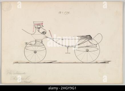 Entwurf für Vis-à-vis/ Barouche, Nr. 599 1850–70 Brewster & Co. American Brewster & Company HistorieBrewster & Company wurde 1810 von James Brewster (1788–1866) in New Haven, Connecticut, gegründet und spezialisierte sich auf die Herstellung von feinen Wagen. Der Gründer eröffnete 1827 einen New Yorker Showroom in der 53-54 Broad Street, und das Unternehmen florierte unter Generationen der Familienführung. Die Expansion erforderte Umzüge in Lower Manhattan, wobei Namensänderungen die Veränderungen des Managements widerspiegeln – James Brewster & Sons operierte an der 25 Canal Street, James Brewster Sons am 396 Broadway und Brewster von Broome Stre Stockfoto