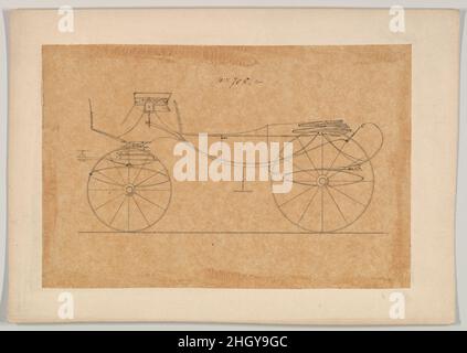 Entwurf für Vis-à-vis/ Barouche, Nr. 708A 1850–70 Brewster & Co. American Brewster & Company HistorieBrewster & Company wurde 1810 von James Brewster (1788–1866) in New Haven, Connecticut, gegründet und spezialisierte sich auf die Herstellung von feinen Wagen. Der Gründer eröffnete 1827 einen New Yorker Showroom in der 53-54 Broad Street, und das Unternehmen florierte unter Generationen der Familienführung. Die Expansion erforderte Umzüge in Lower Manhattan, wobei Namensänderungen die Veränderungen des Managements widerspiegeln – James Brewster & Sons operierte an der 25 Canal Street, James Brewster Sons am 396 Broadway und Brewster von Broome Str. Stockfoto