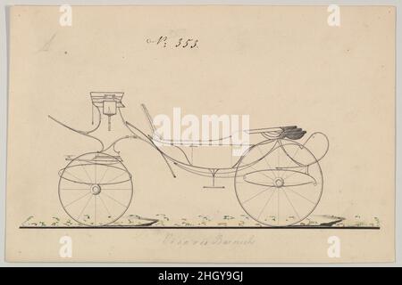 Entwurf für Vis-à-vis/ Barouche, Nr. 353 1850–70 Brewster & Co. American Brewster & Company HistorieBrewster & Company wurde 1810 von James Brewster (1788–1866) in New Haven, Connecticut, gegründet und spezialisierte sich auf die Herstellung von feinen Wagen. Der Gründer eröffnete 1827 einen New Yorker Showroom in der 53-54 Broad Street, und das Unternehmen florierte unter Generationen der Familienführung. Die Expansion erforderte Umzüge in Lower Manhattan, wobei Namensänderungen die Veränderungen des Managements widerspiegeln – James Brewster & Sons operierte an der 25 Canal Street, James Brewster Sons am 396 Broadway und Brewster von Broome Stre Stockfoto